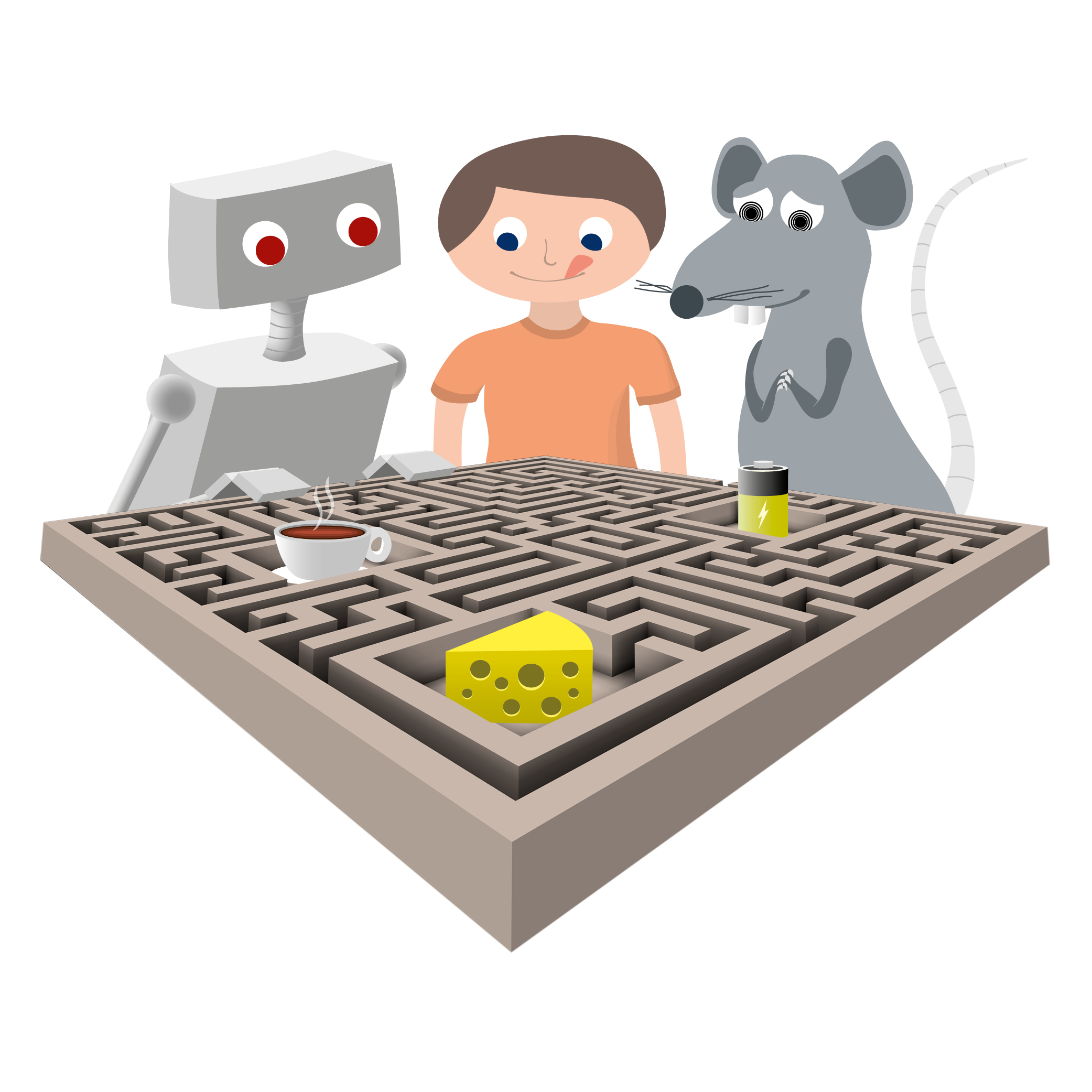 Graphic: A rat, a robot and a human sitting in front of a small labyrinth with cheese in it