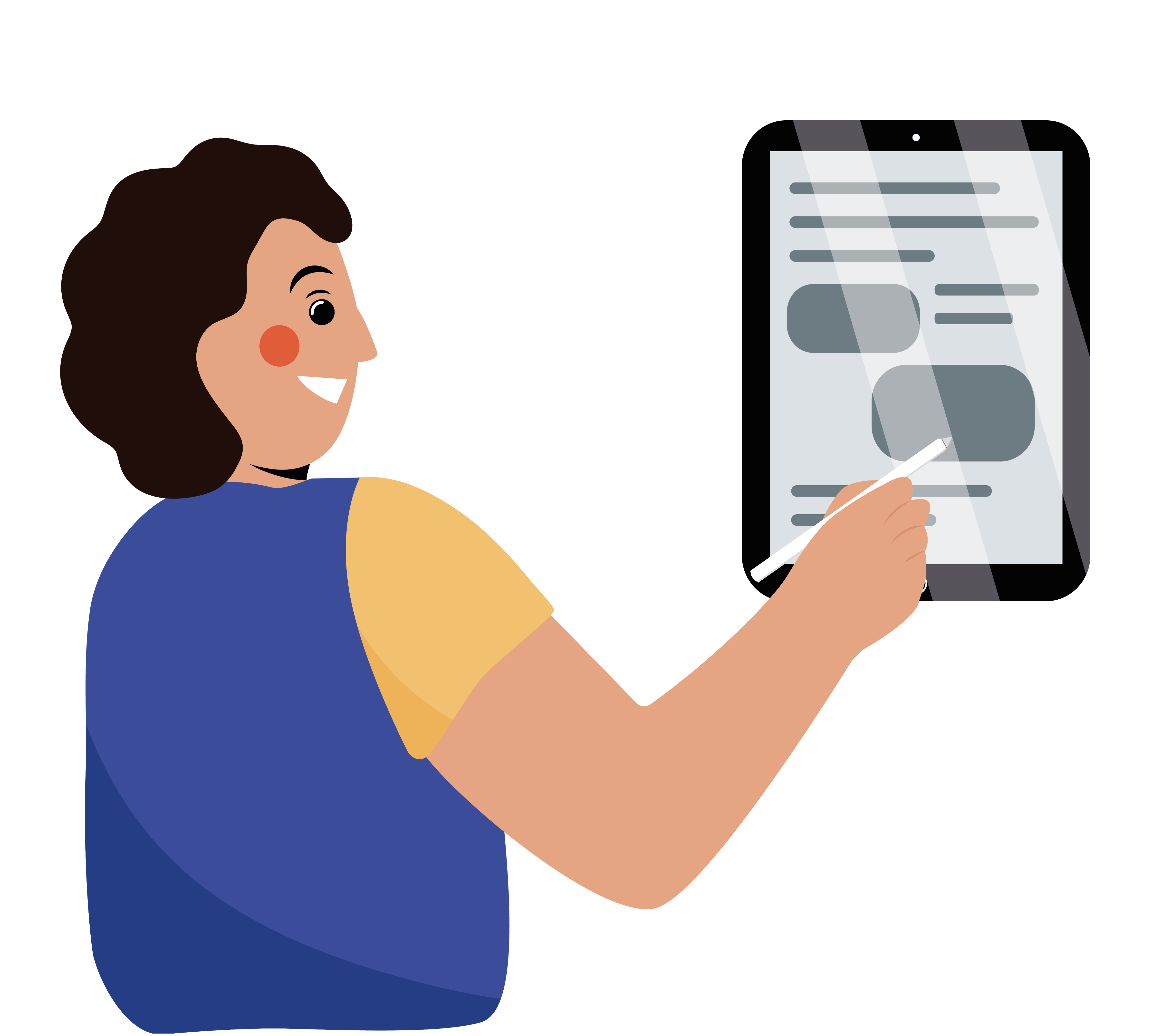Animiertes Bild des Oberkörpers einer Person mit dunklen Haaren und einem blau-gelben T-Shirt. Neben der Person ist ein großes Tablet abgebildet mit grauen Formen. Die Person schreibt mit einem Stift auf dem Tablet.