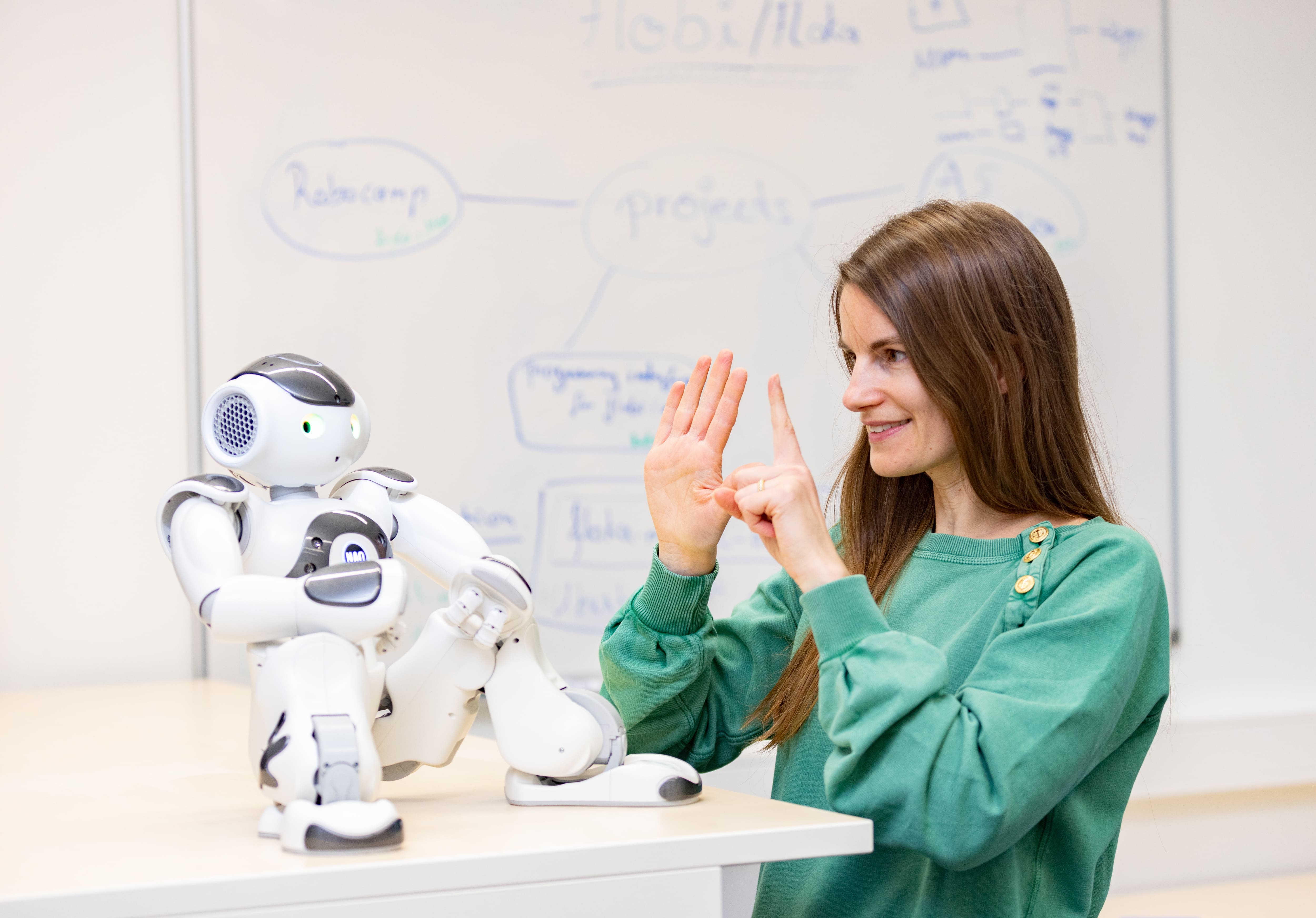 Eine Person zeigt einem Roboter etwas mit ihren Händen