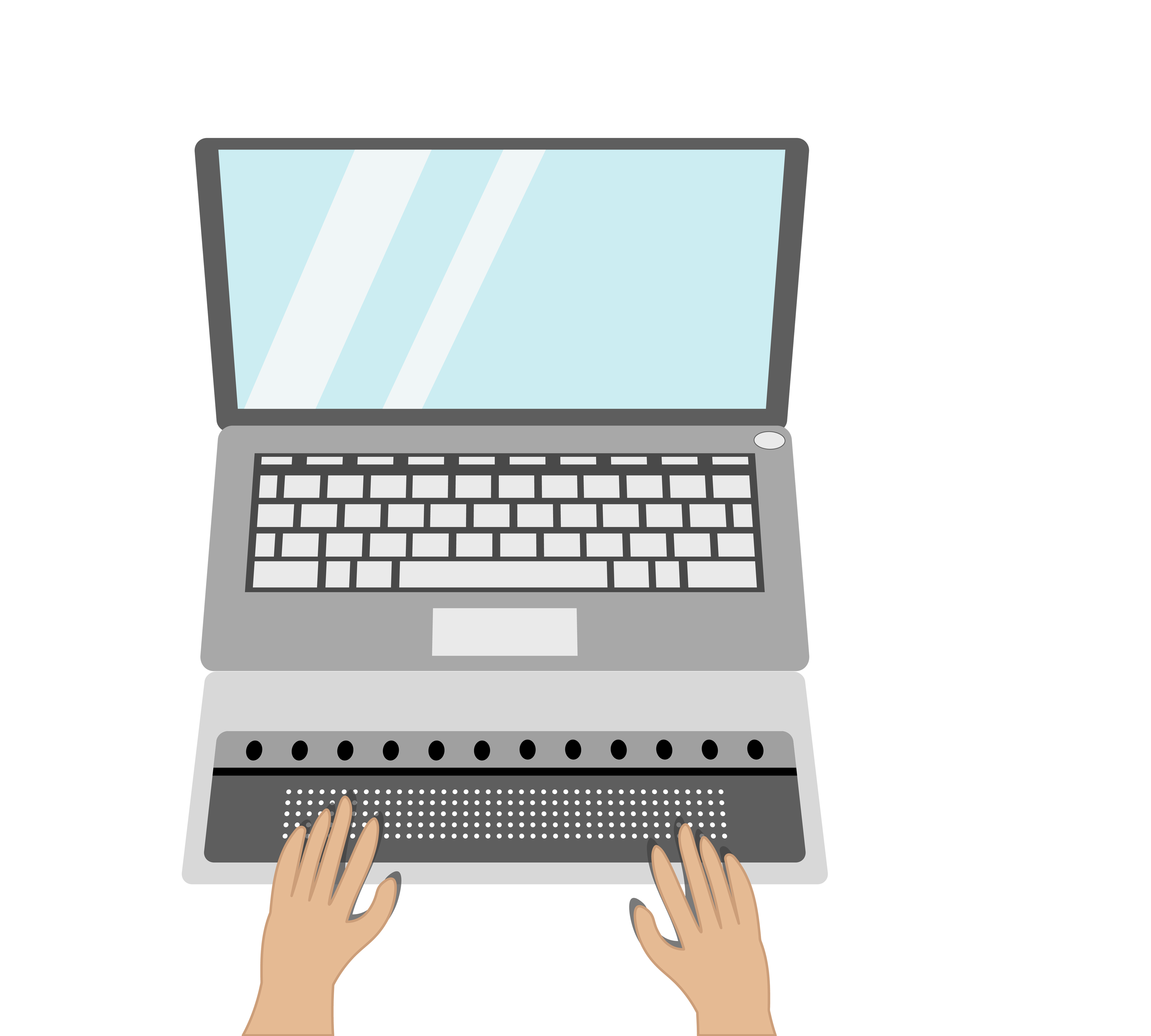 Animiertes Bild eines aufgeklappten Laptops von Oben. Vor dem Laptop liegt eine Braille-Zeile. Auf der Braille-Zeile sind zwei Hände.