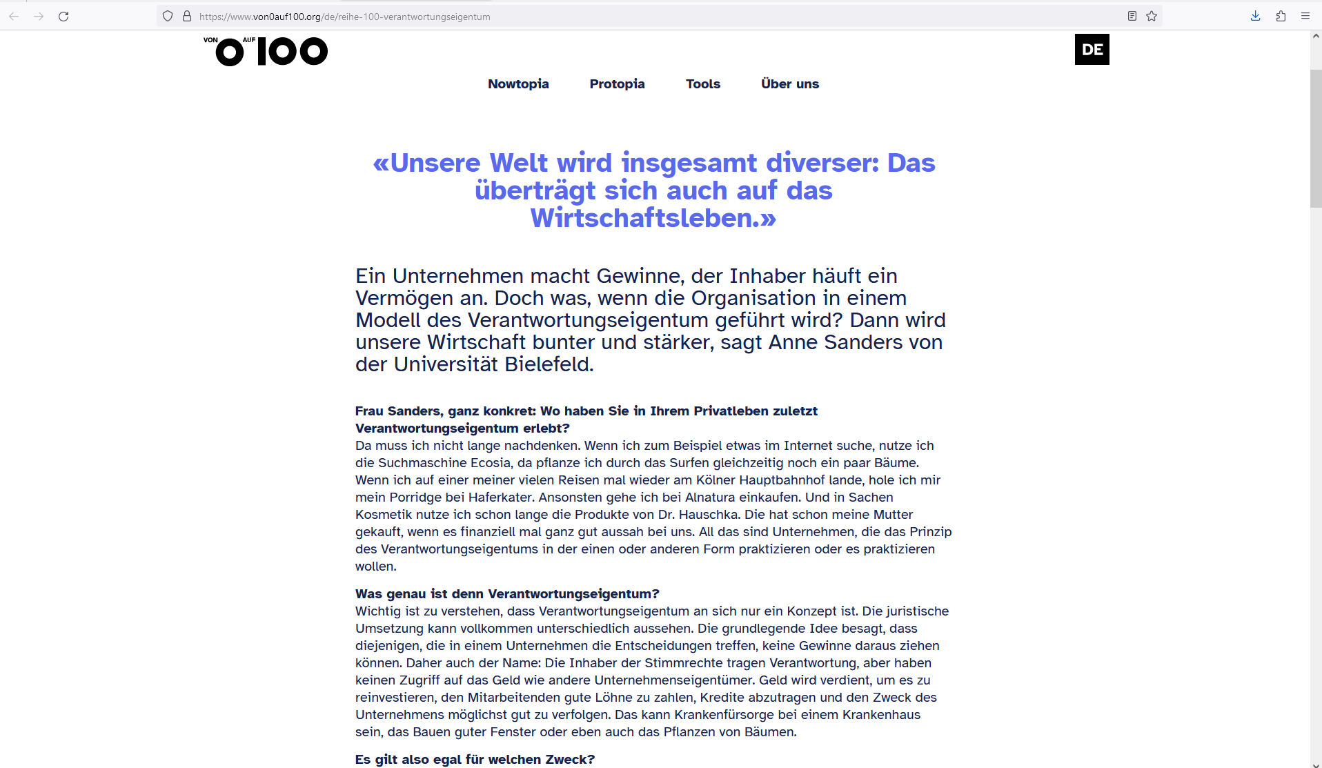 Ausschnitt des Interviews von Prof. Dr. Anne Sanders zu Verantwortungseigentum.
