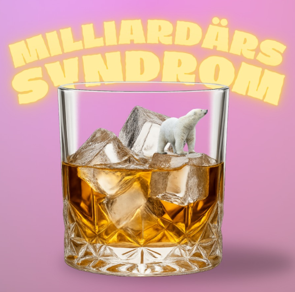 gefülltes Whiskyglas mit Eiswürfeln. Auf einem Eiswürfel befindet sich ein Eisbär, der nach Land sucht.