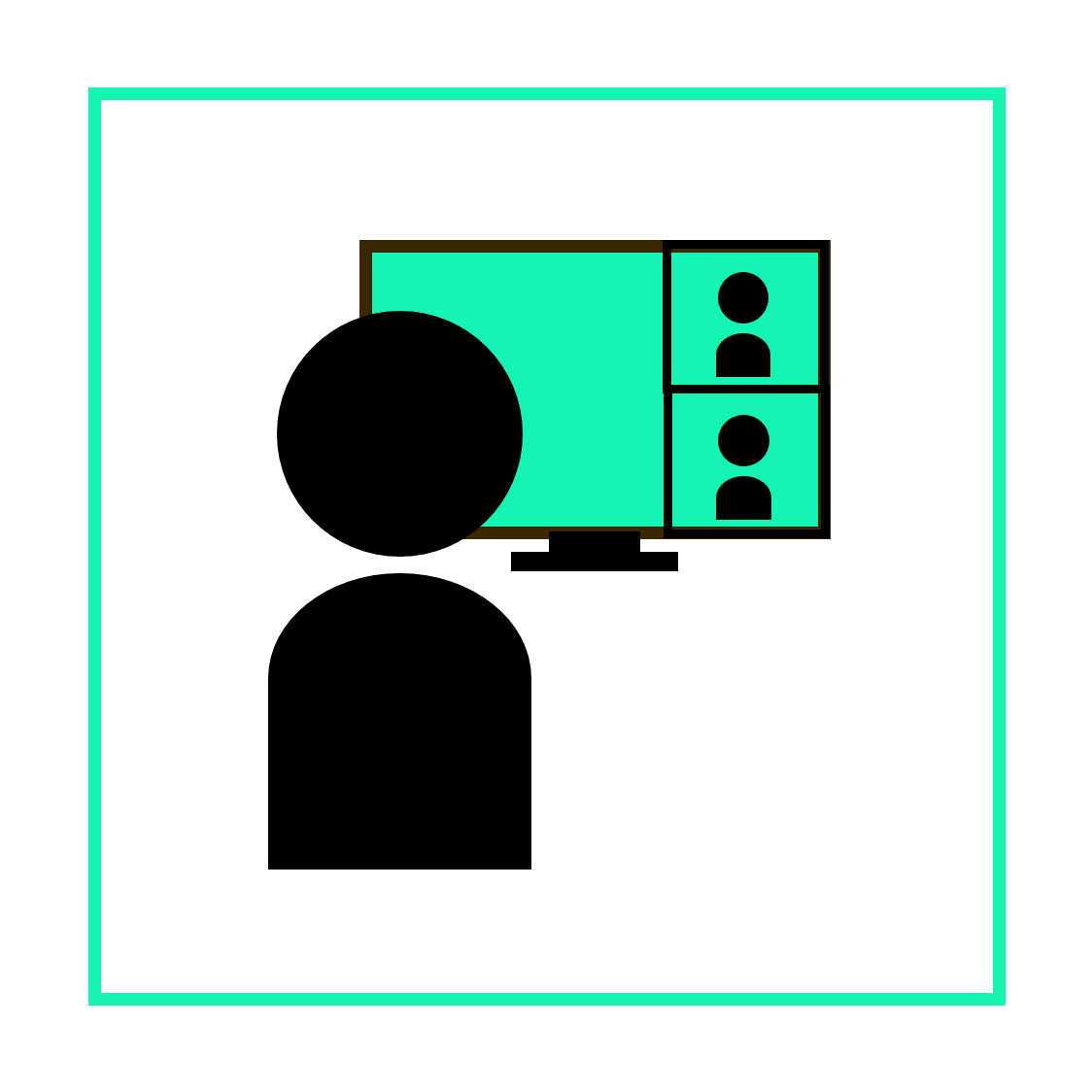 Grafik zum digitalen Lehren bestehend aus einer Person vor einem Bildschirm, auf welchem zwei weitere Personen im Videokonferenzformat zu sehen sind