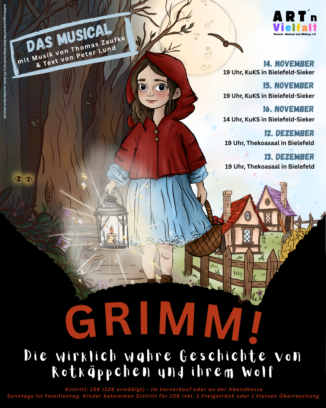 Veranstaltungsplakat: Rotkäppchen zwischen einem dunklen Wald und kleinen Häuschen mit Zaun