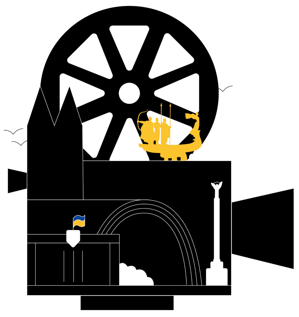Piktogramm eine Filmprojektors mit Ukrainischen Symbolen