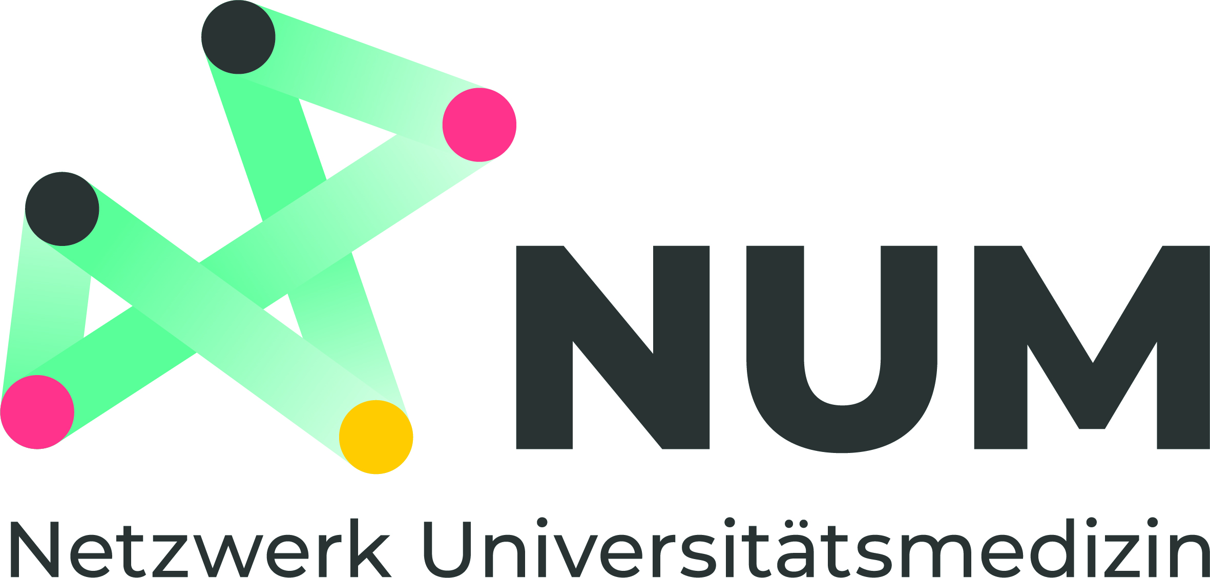 Zu sehen ist das Logo des Netzwerks Universitätsmedizin. Es handelt sich um eine Wort-Bild-Marke, die ein Netzwerk symbolisiert. 