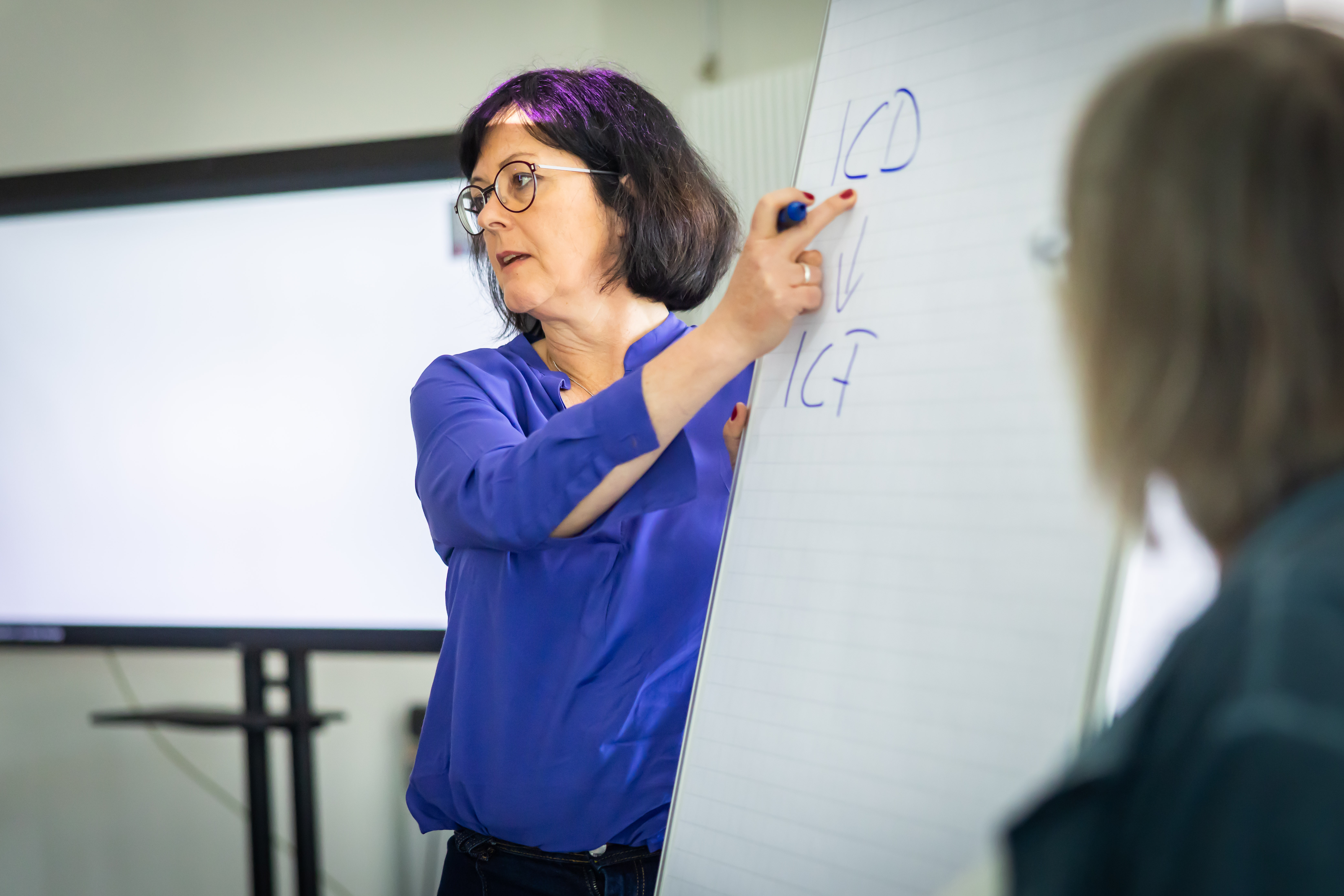 eine frau erklärt etwas vor einem whiteboard