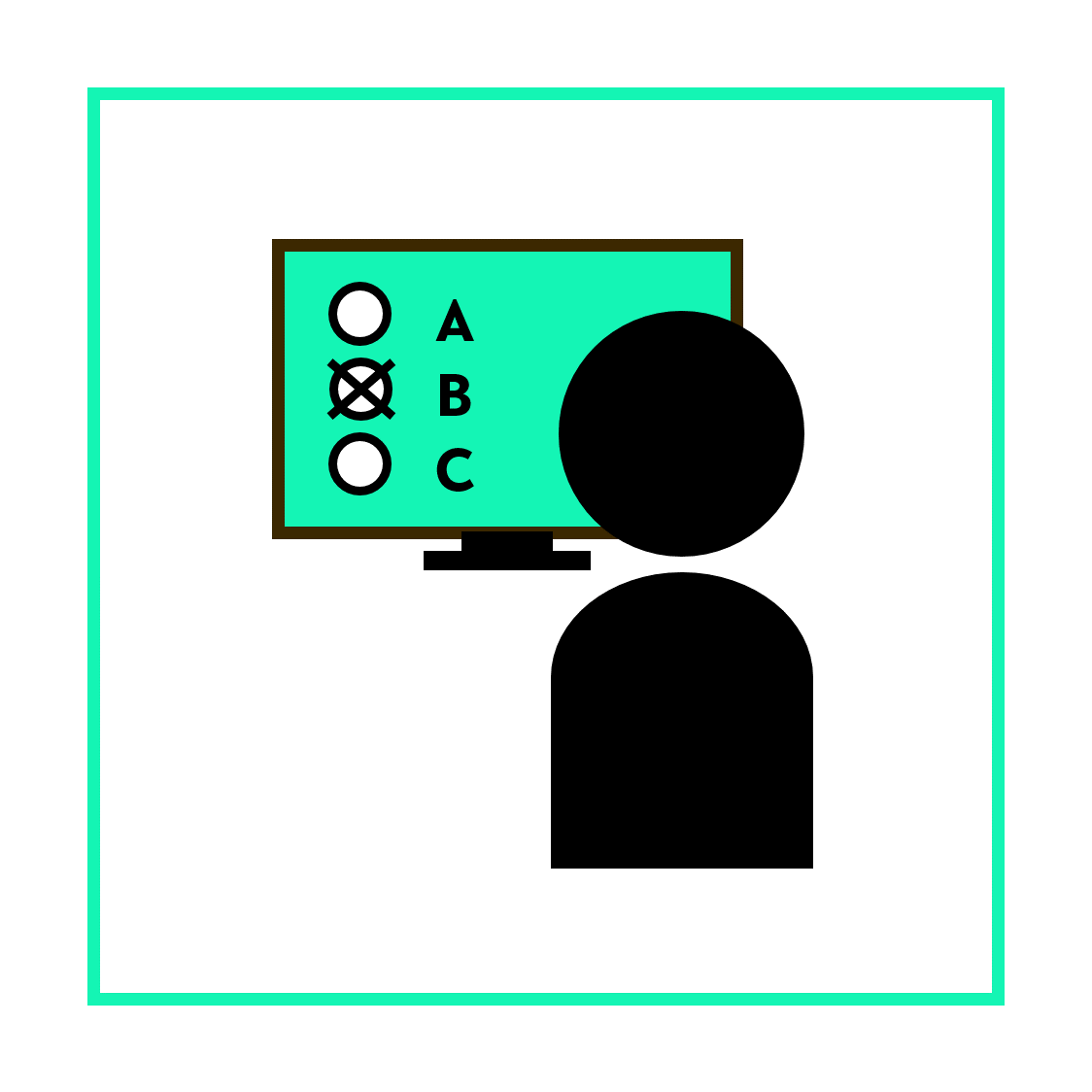 Grafik zum digitalen Prüfen bestehend aus einer Person vor einem Bildschirm, auf welchem Antwortmöglichkeiten im Prüfungsformat zu sehen sind