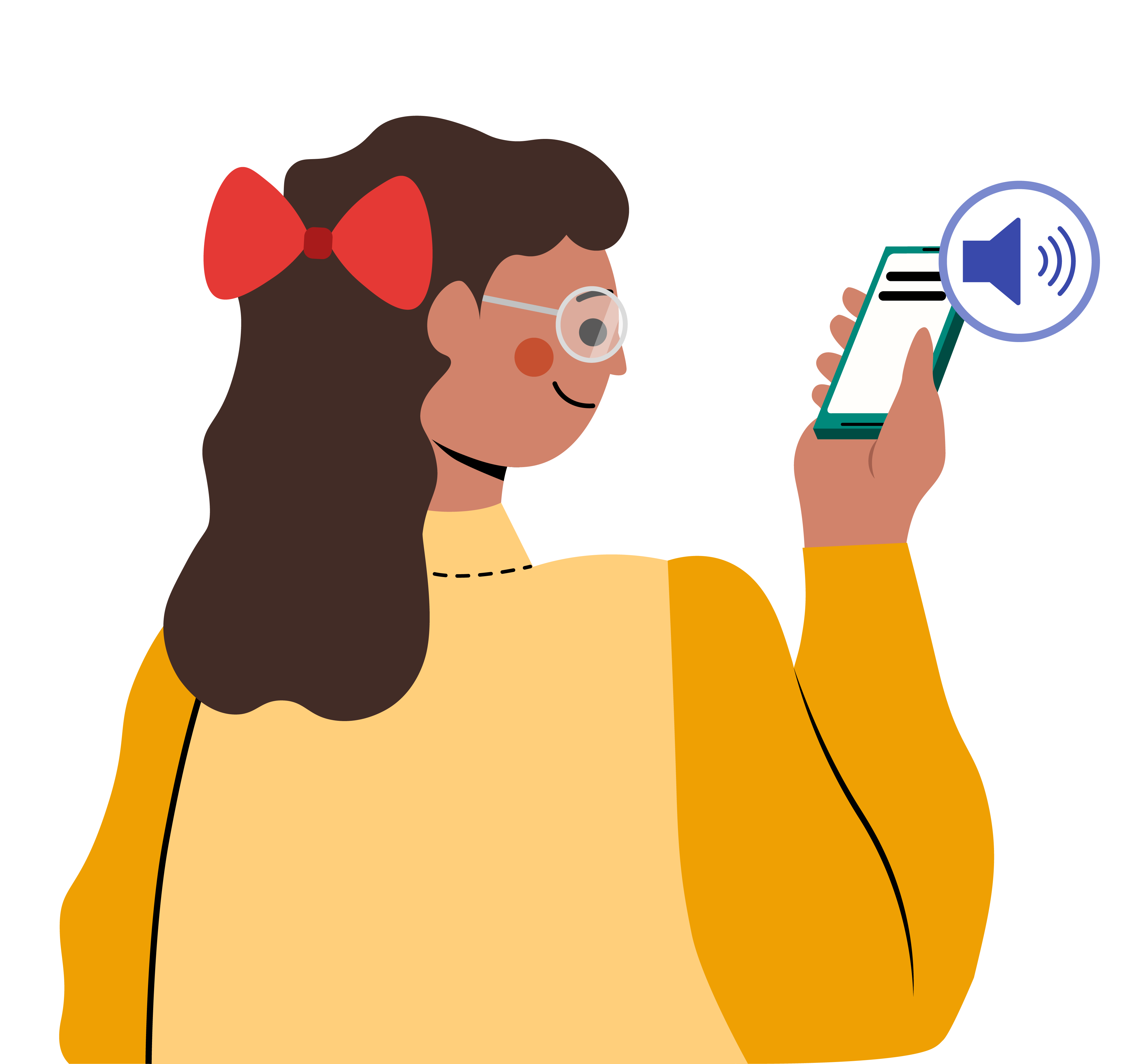 Grafik einer stilisierten Person. Die Person hat lange braune Haare, eine rote Schleife im Haar und einen gelben Pullover an. In der Hand hält sie ein Handy mit einem Lautsprechersymbol daneben.