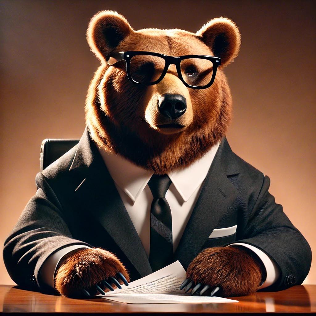 Ein Bild von einem Braunbären mit Hornbrille, der einen schwarzen Anzug trägt und wie ein Nachrichtensprecher an einem Schreibtisch sitzt