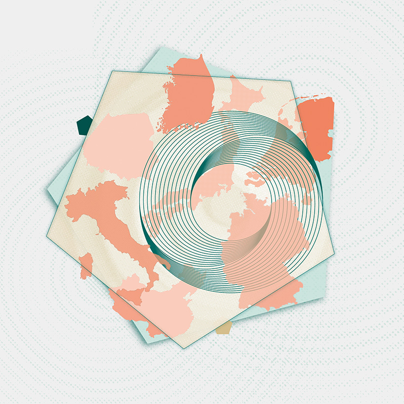 Graphic design Resident Group, beige pentagon with a green möbius strip and a map in the background