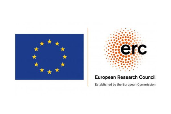 Logo of the European Research Council (ERC), composed of two elements: on the left, the EU flag with twelve yellow stars on a blue background; on the right, the ERC logo with the text “erc” in black over an orange dotted circular pattern. Below it reads: “European Research Council – Established by the European Commission”.