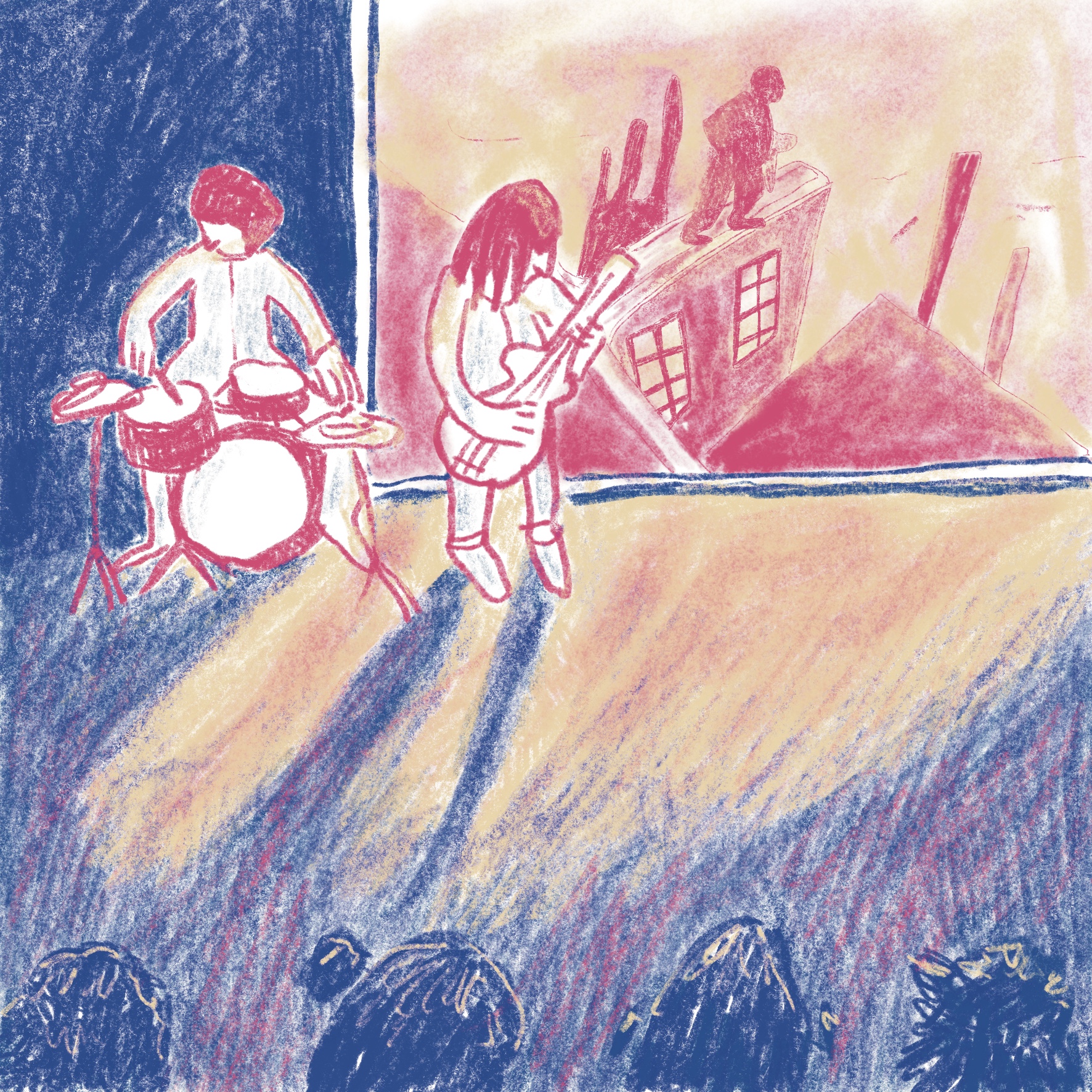 Illustration zweier Musikerinnen (Schlagzeug und Bass) vor einer Kinoleinwand