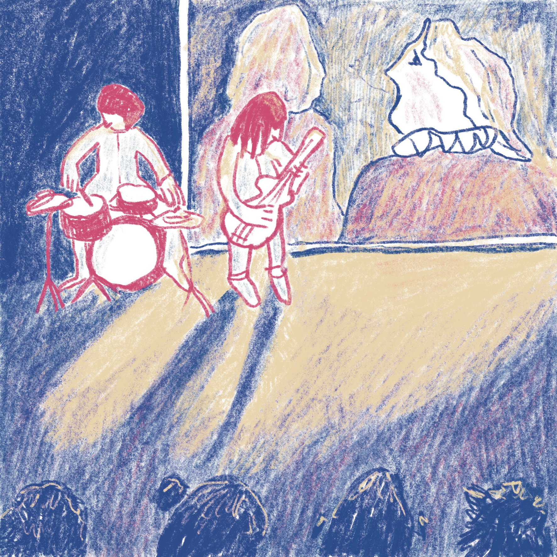 Illustration zweier Musikerinnen (Schlagzeug und Bass) vor einer Kinoleinwand