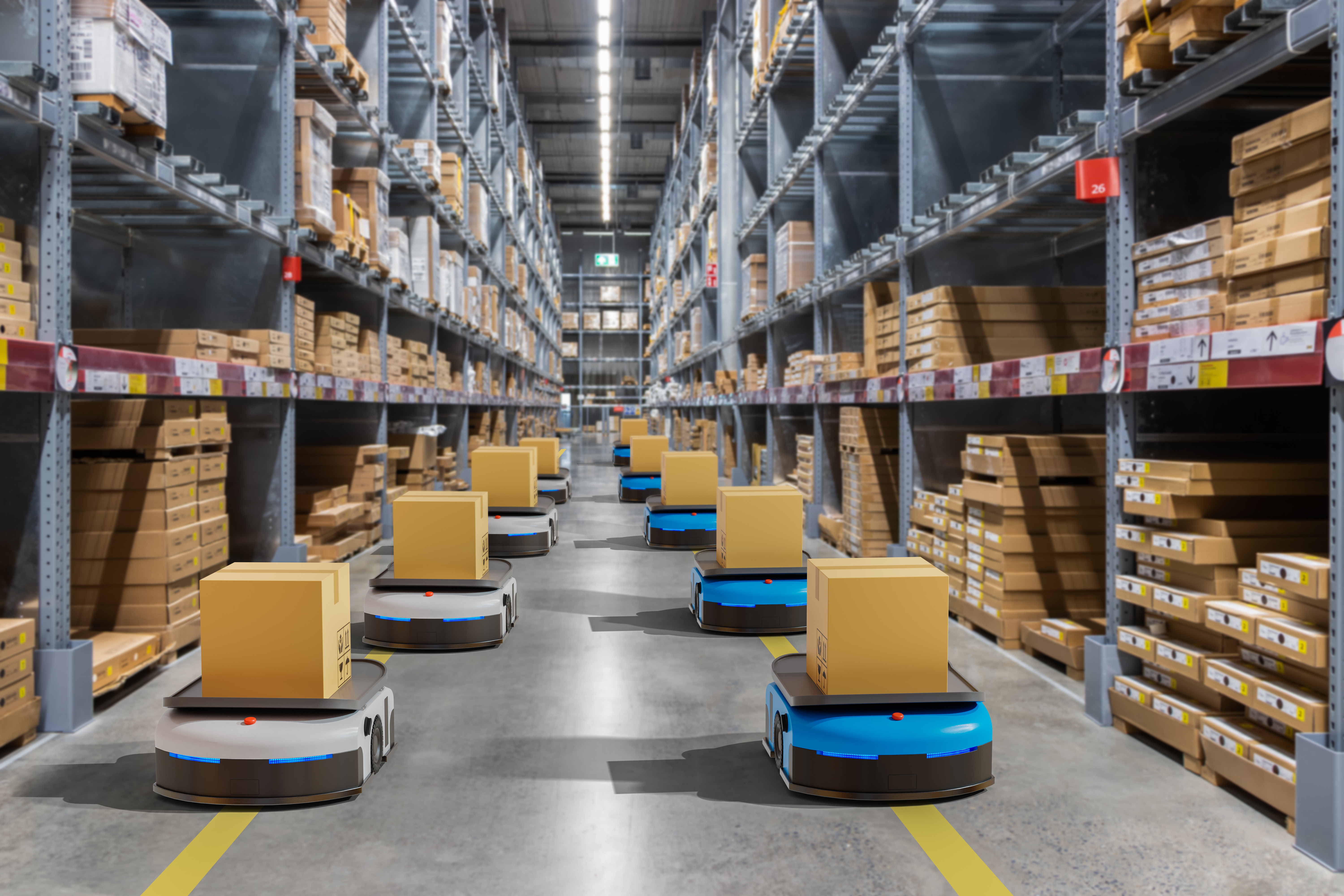 Robots transport parcels in a warehouse
