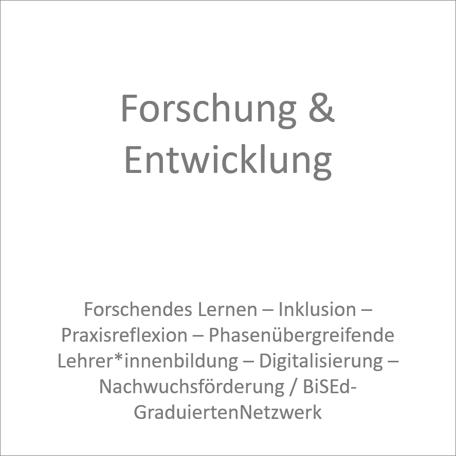 Forschung & Entwicklung - Forschendes Lernen, Inklusion, Praxisreflexion, Phasenübergreifende Lehrer*innenbildung, Digitalisierung, Nachwunchsförderung/BiSEd-Graduiertennetzwerk