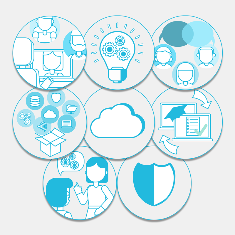 Viele Symbole mit IT-Themen wie Sicherheit, Kommunikation, Cloud Computing, etc.