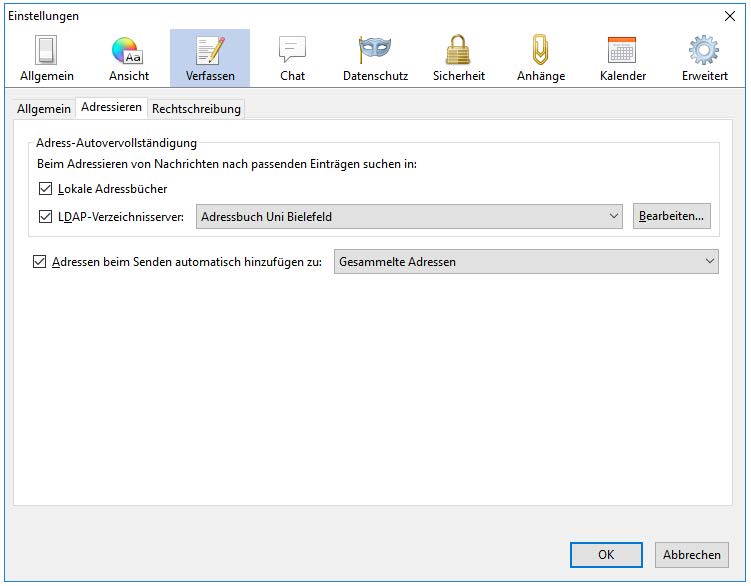 Adressbuch einbinden in Thunderbird - Universität Bielefeld