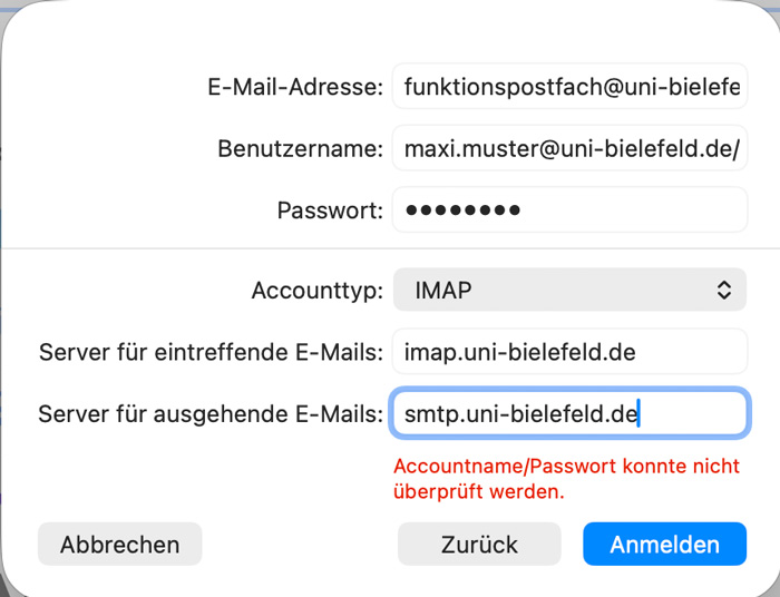 Mac Mail Accountname Passwort Konnte Nicht überprüft Werden Funktionspostfach unter Apple Mail einbinden - Universität Bielefeld