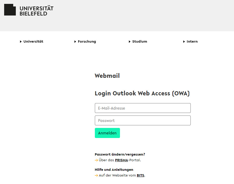 Funktionspostfach öffnen unter Webmail Universität Bielefeld
