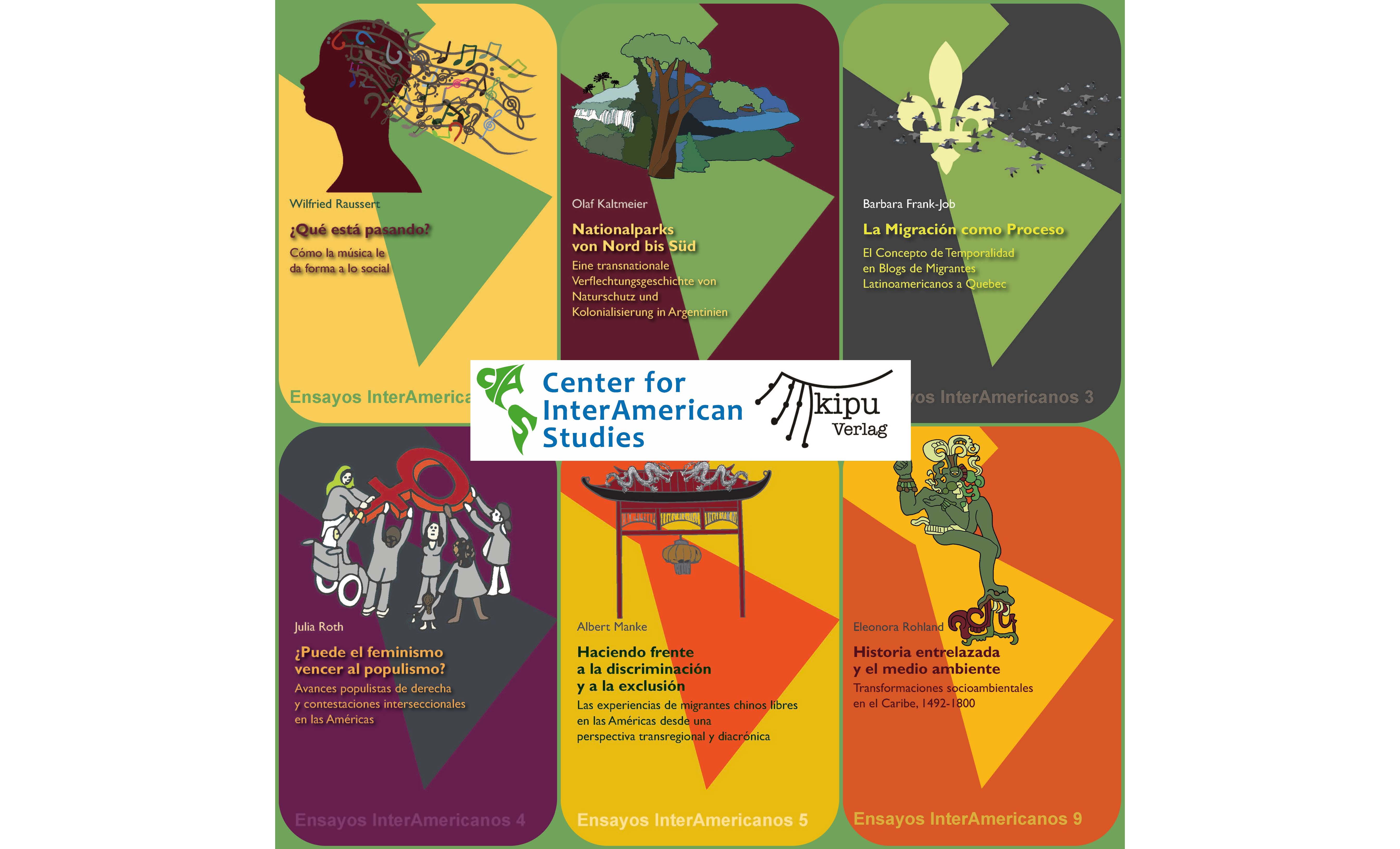Kachel mit Link zur Buchreihe Ensayos Interamericanos. Das Bild zeigt sämtliche Cover der Ensayos zusammen mit dem CIAS-Logo in der Mitte