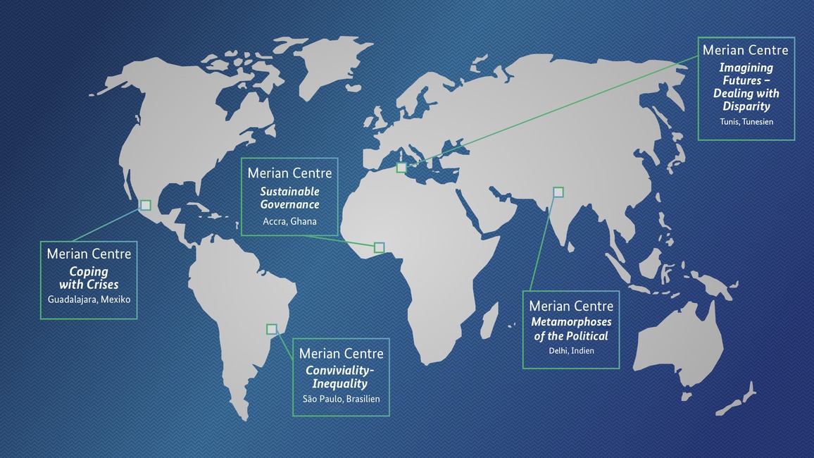 eine schematische Weltkarte mit den standorten der merian centres in guadalajara, tunis, accra, sao paulo und delhi