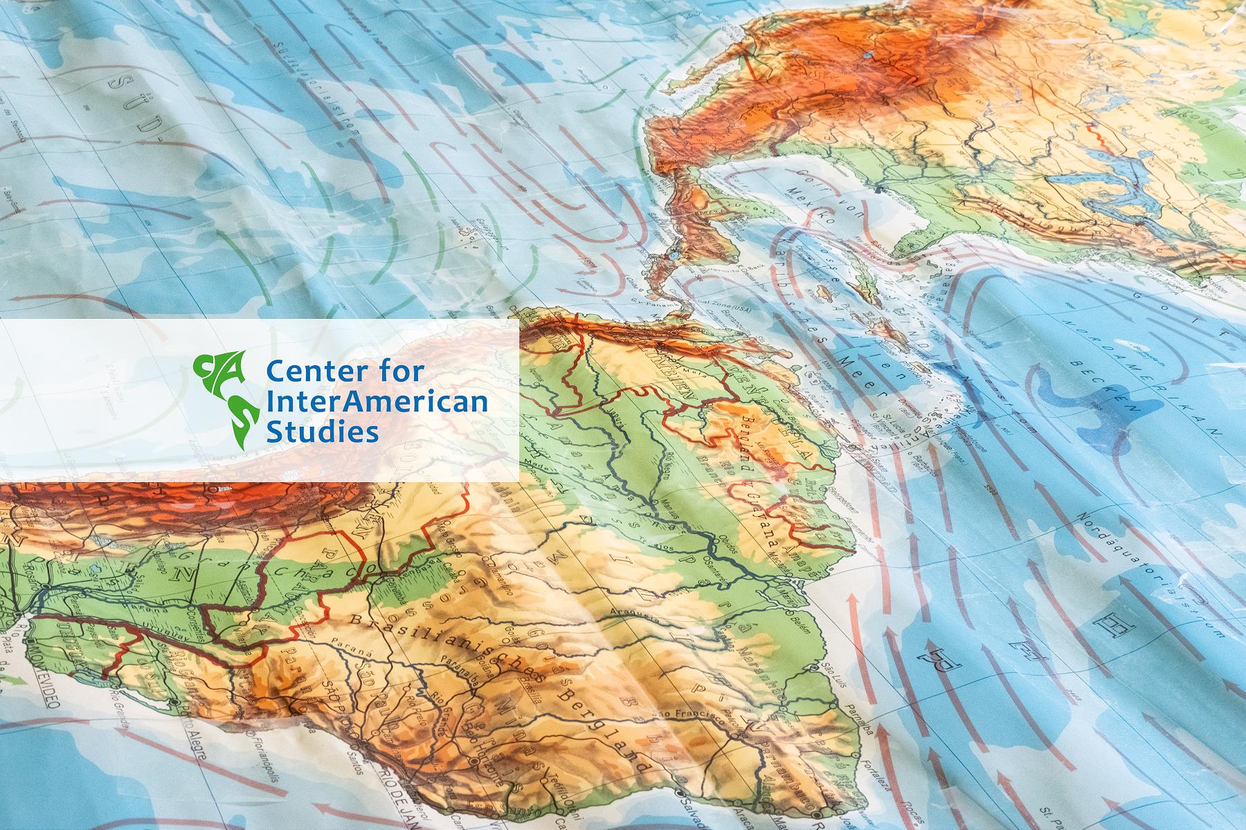 Bild einer Weltkarte auf der man den amerikanischen Doppelkontinent sieht mit dem Logo des Center for InterAmerican Studies, kurz: CIAS