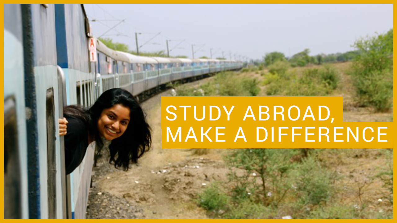 Image of a landscape with a train crossing and the lettering: study abroad, make a difference