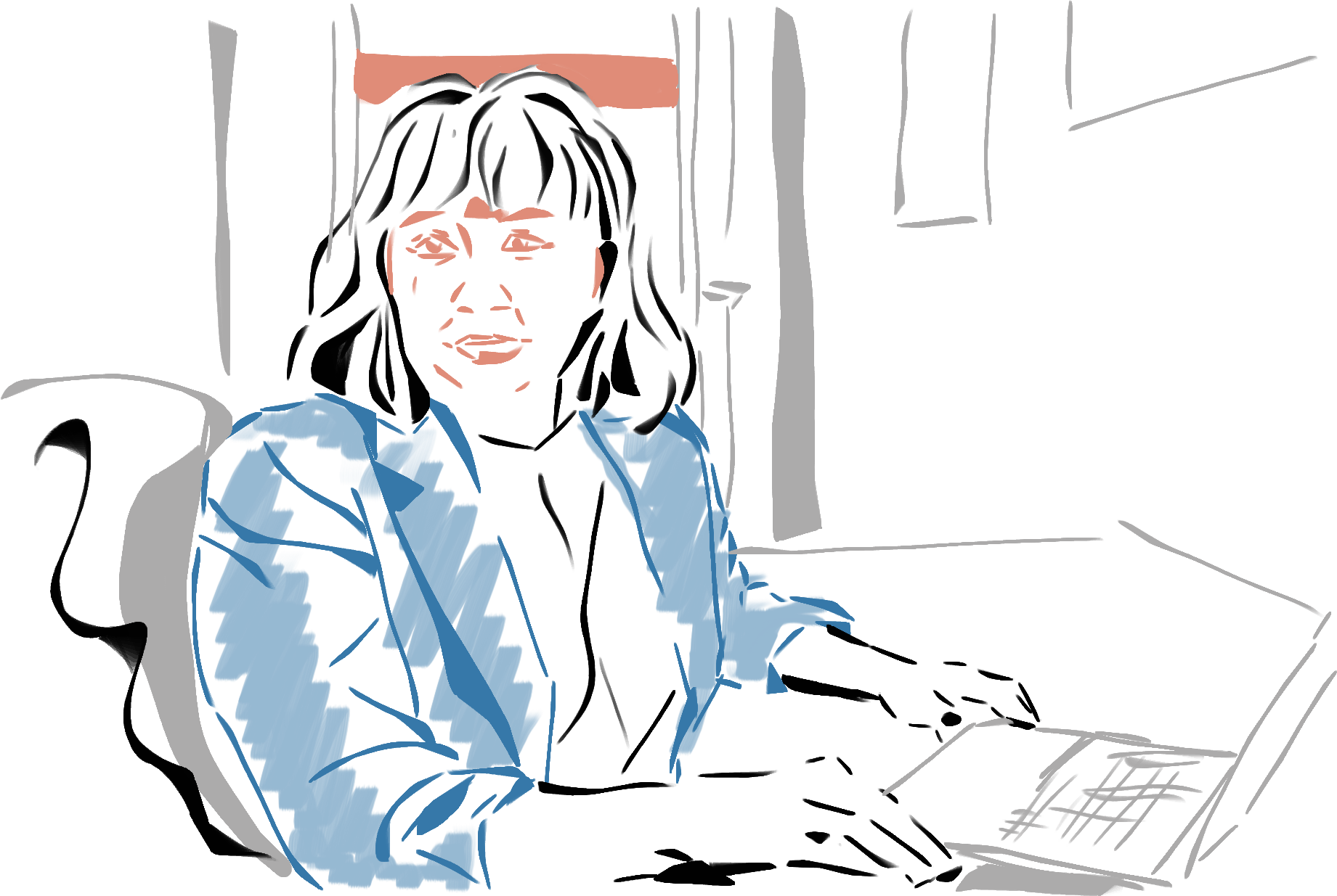 a drawing of a person at a desk