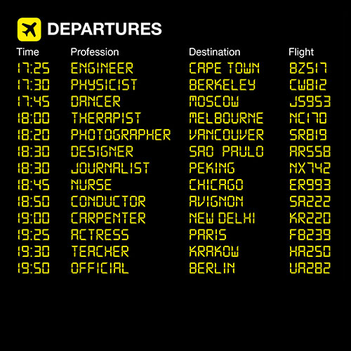 Black background, yellow text, looking like a departure screen at airports, with the added column "profession"