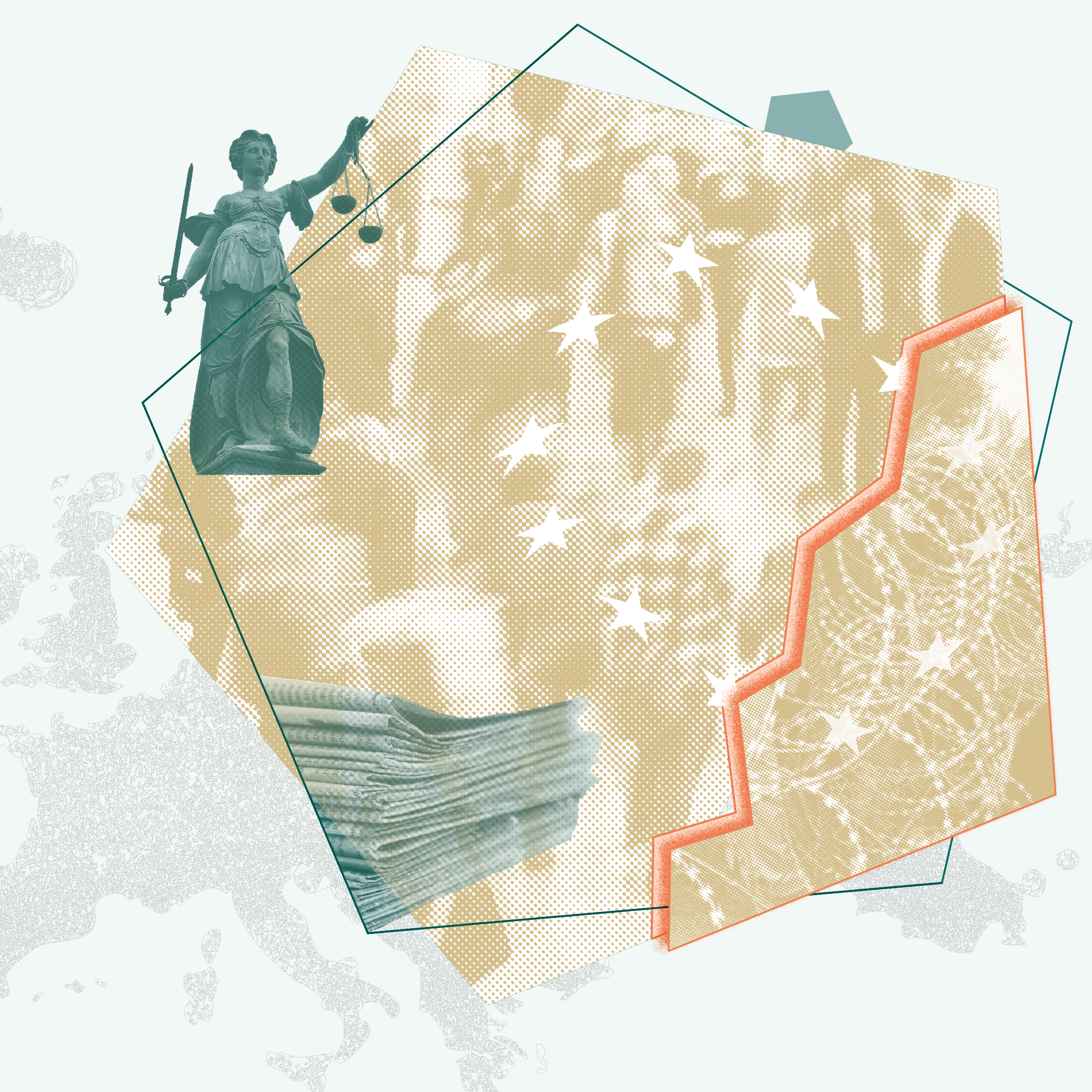 graphic with a cracked border, lady justice, newspapers and a map of Europe in the background