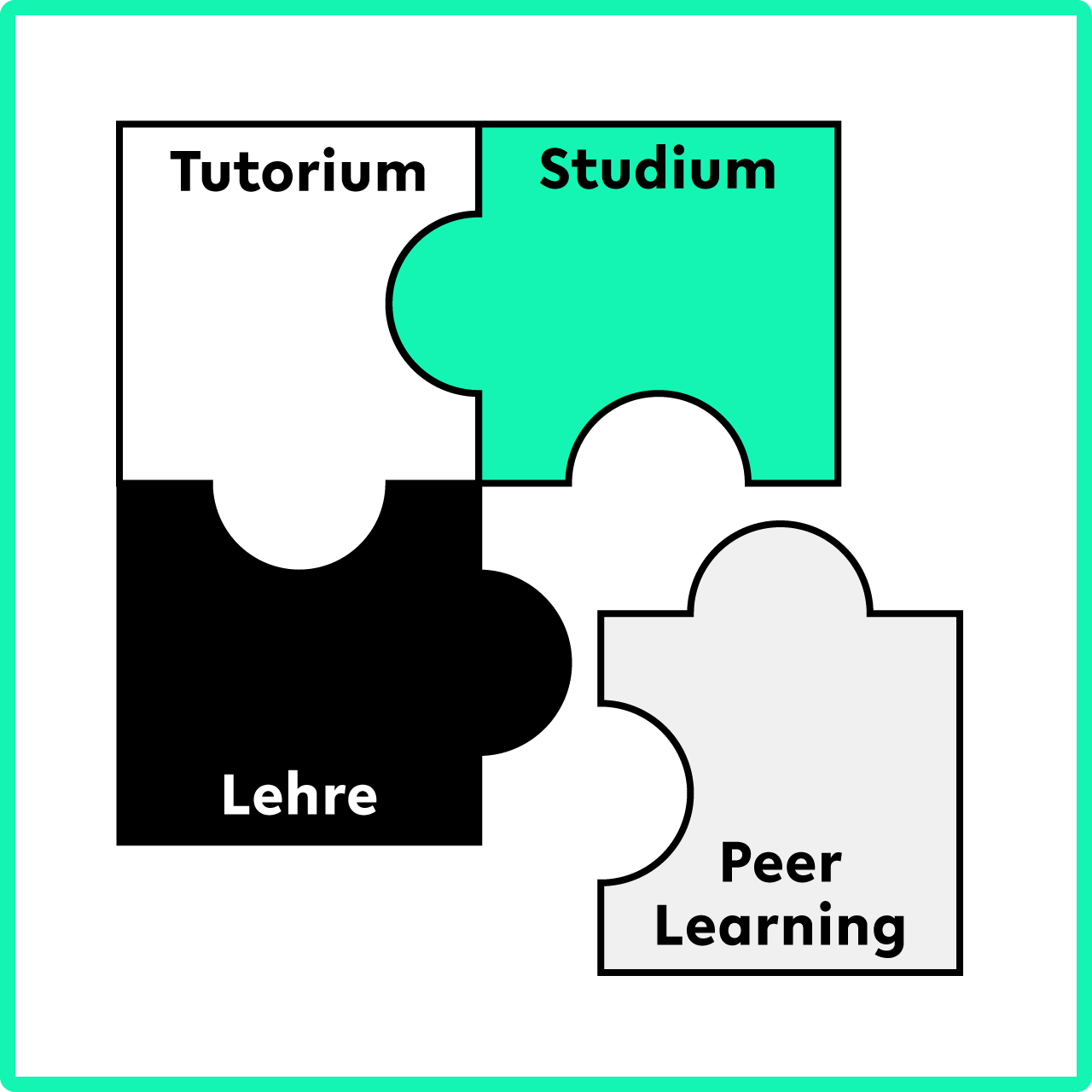 quadratische Grafik mit vier Puzzleteilen, die ineinander greifen. Auf ihnen steht "Tutorium", "Studium", "Lehre" und "Peer Learning"