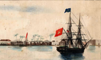 Ansicht von Sansibar (Detail eines Aquarells), 1847. Im Vordergrund vermutlich die unter Hamburgischer Flagge fahrende Brigg \'Africa\'. The Winterton Collection of East African Photographs, Album 74,1'