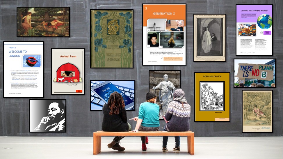 Galerie mit verschiedenen Postern, die auf unterschiedliche Epochen Bezug nehmen