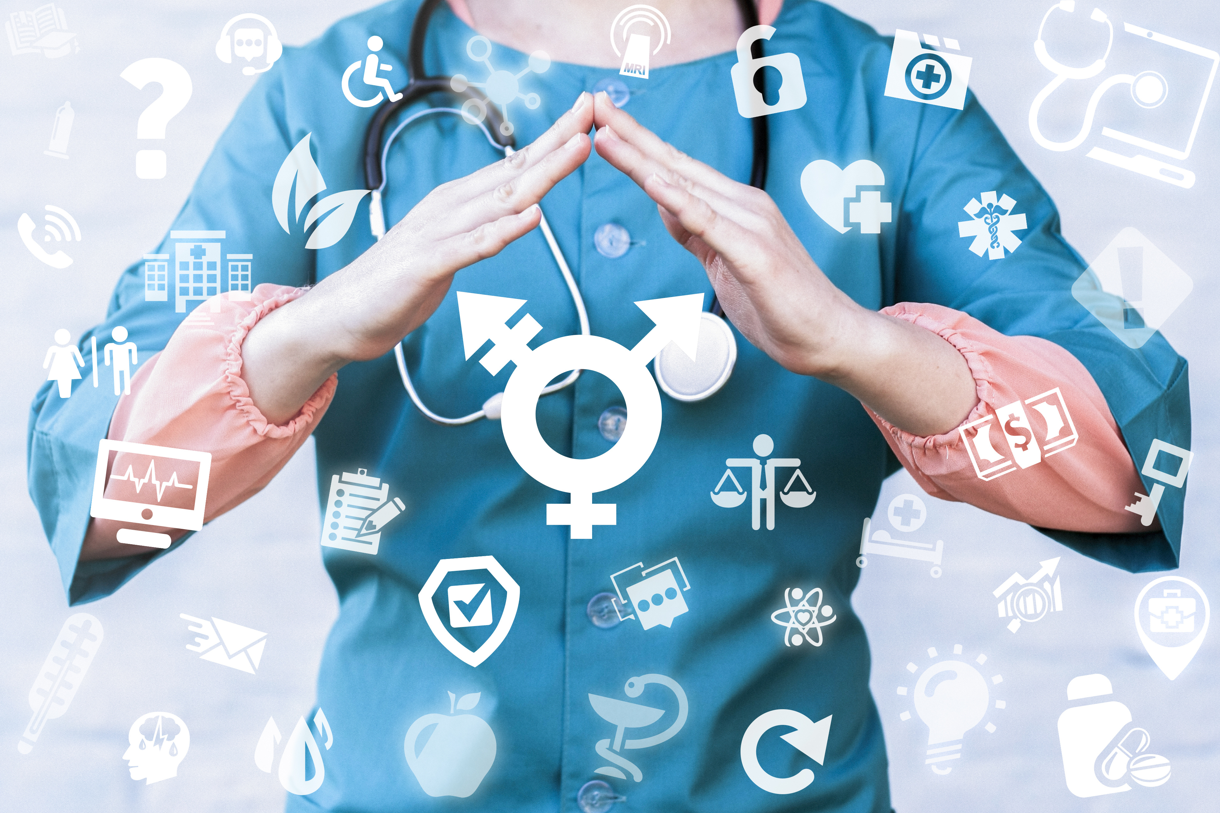 Doctor is holding roof hands over transgender (combining gender) symbol on a virtual digital screen interface