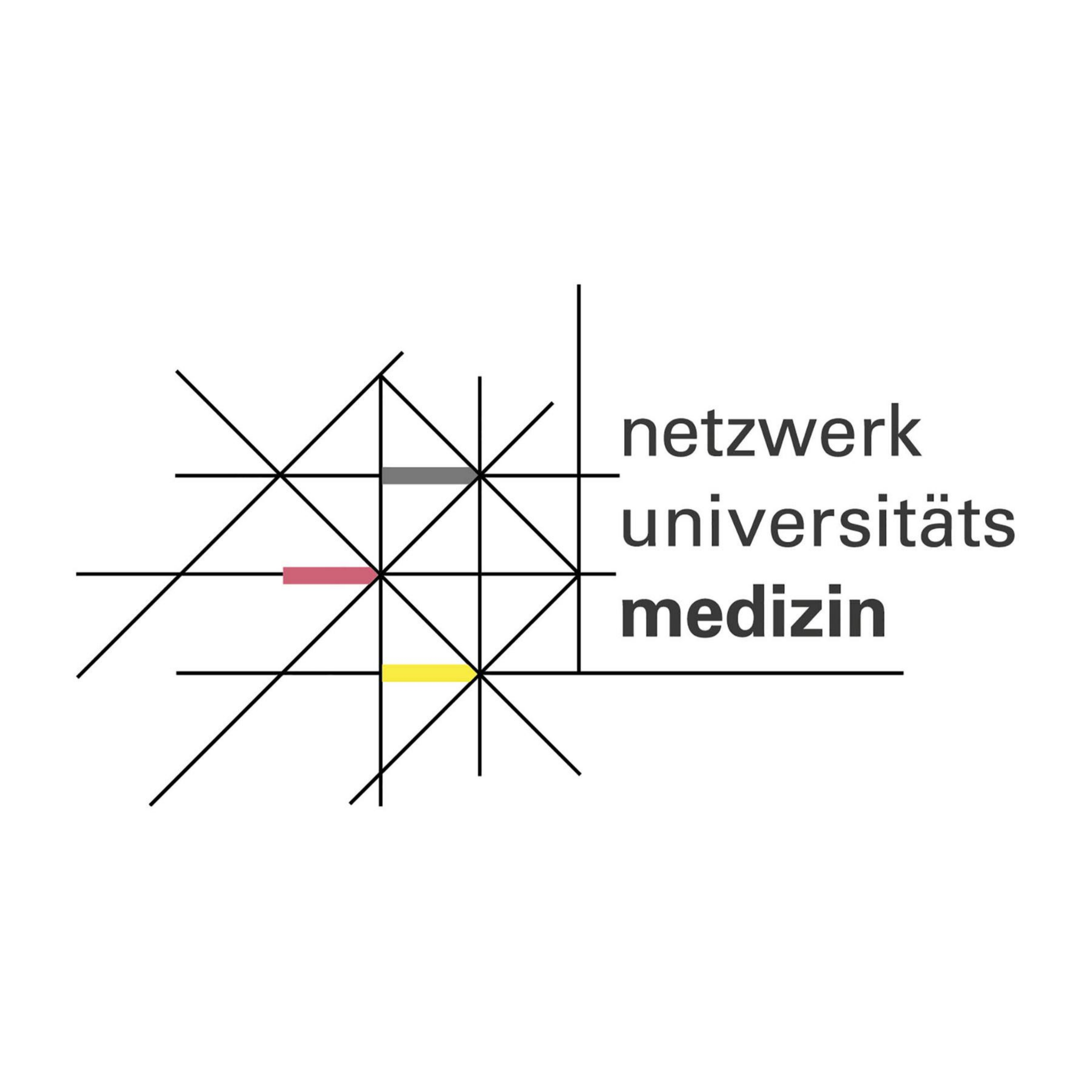 Zu sehen ist das Logo des Netzwerks Universitätsmedizin. Es handelt sich um eine Wort-Bild-Marke, die ein Netzwerk symbolisiert. 