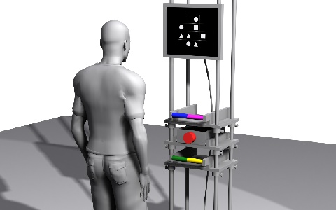 An avatar in front of a virtual shelf with drawers below a screen