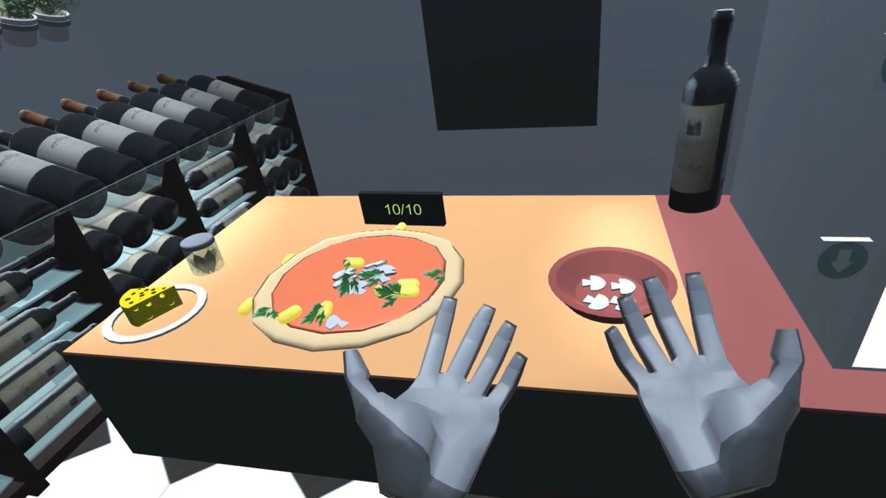 Two virtualized hands above a virtual dining table with arranged plates