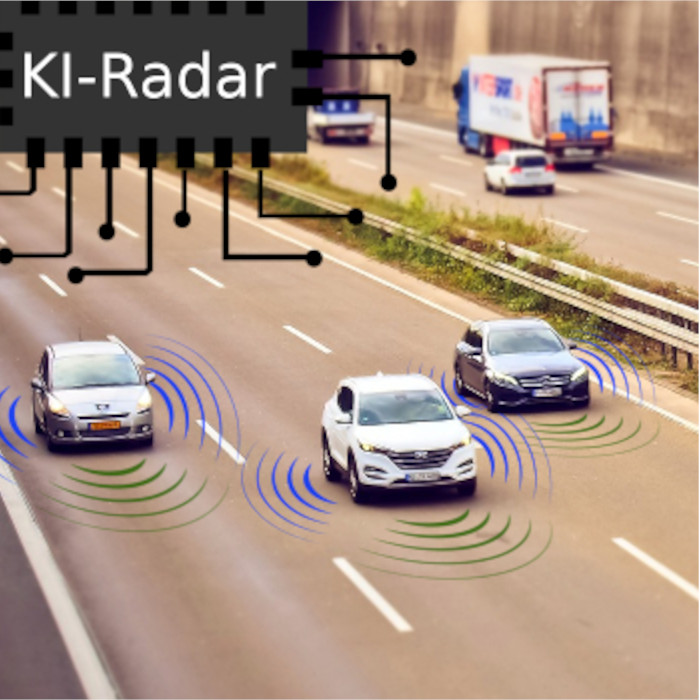 KI-Radar Logo, Hintergrund: Autos auf Straße mit Radar