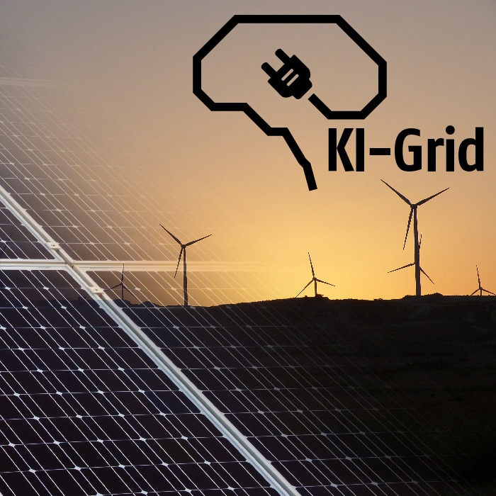 KI-Grid Logo, Solarzellen, Windräder 