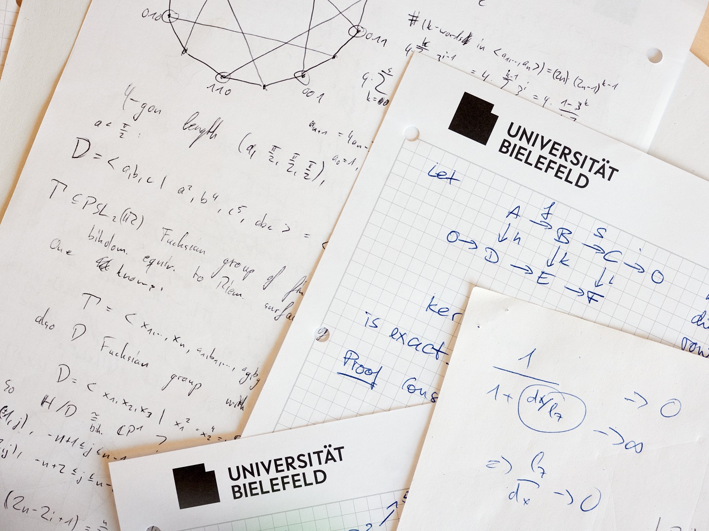 Mehrere Zettel mit handschriftlichen mathematischen Formeln