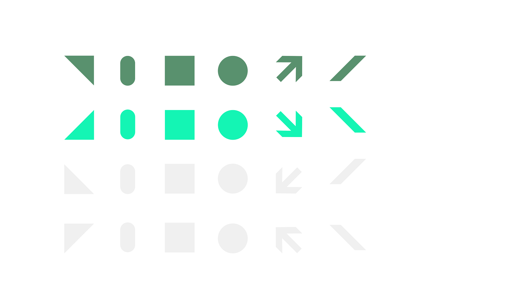 Dark green, light green and light grey geometric shapes on a white background