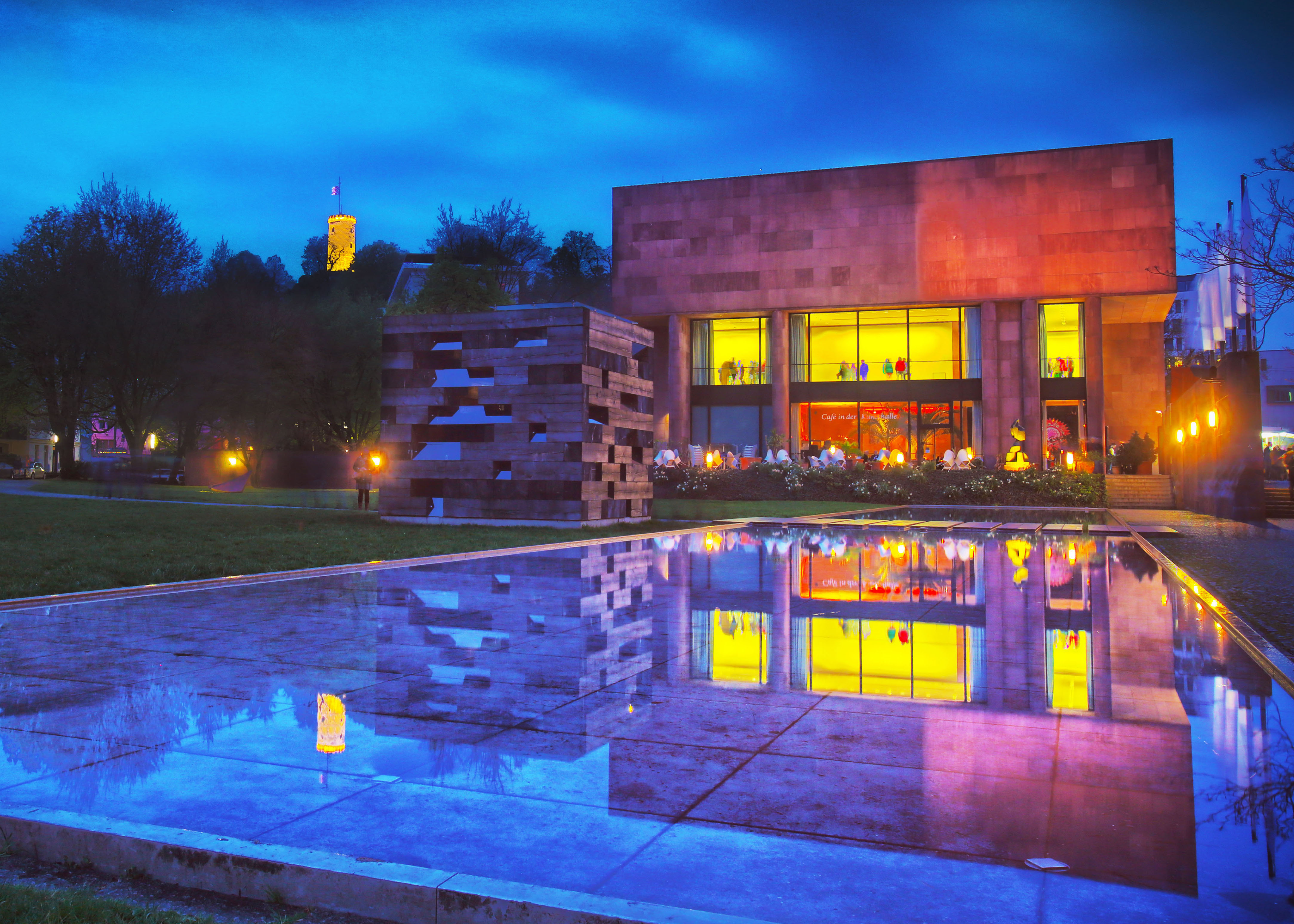 Building of the Bielefeld Art Gallery at dusk