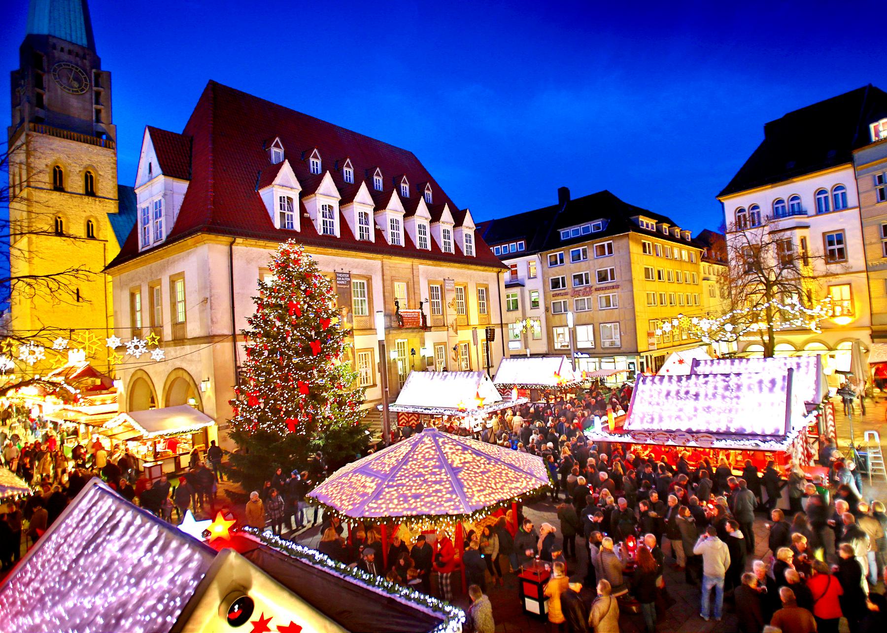 Stands and People at the Christmas Market in the City