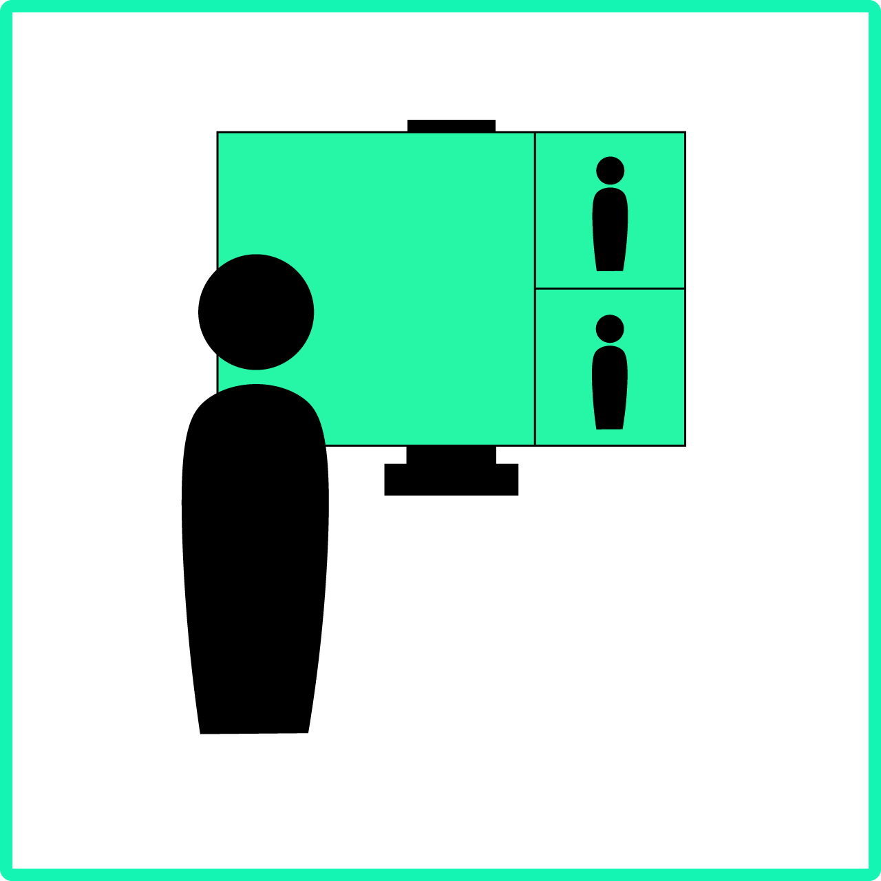 Grafik zum digitalen Lehren bestehend aus einer Person vor einem Bildschirm, auf welchem zwei weitere Personen im Videokonferenzformat zu sehen sind