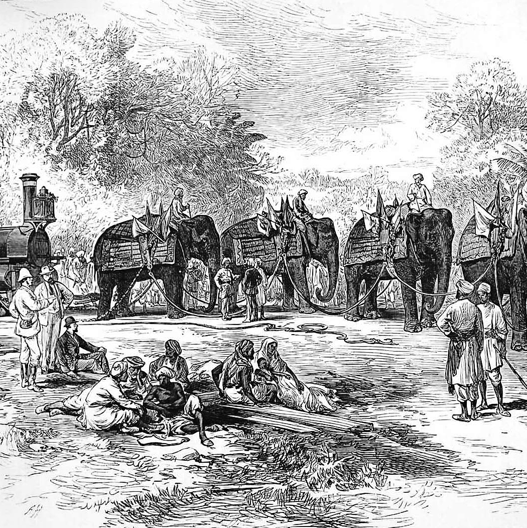 Abbildung aus der London Illustrated News mit dem Titel Die Ankunft der ersten Lokomotive in Indore, Zentralindien