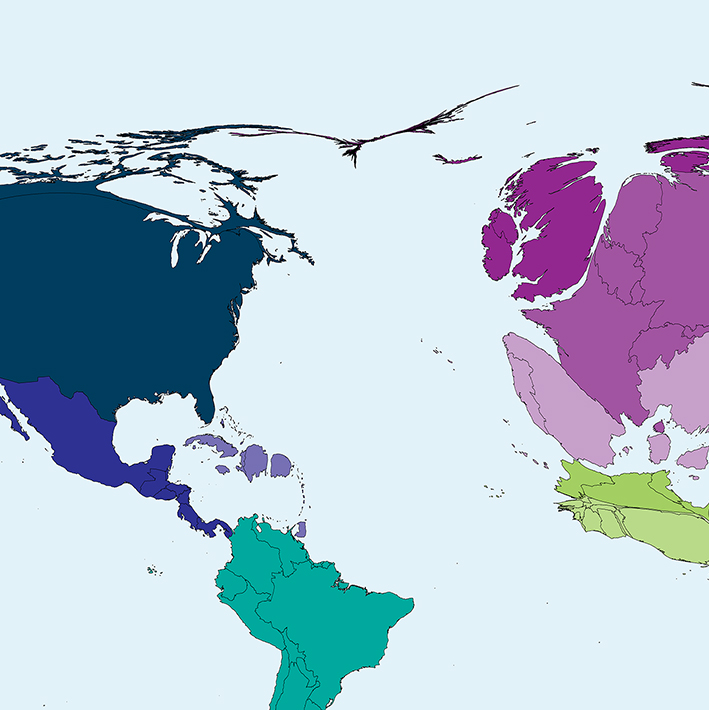 Weltkarte verzerrt proporational zur globalen Reichtumsverteilung 