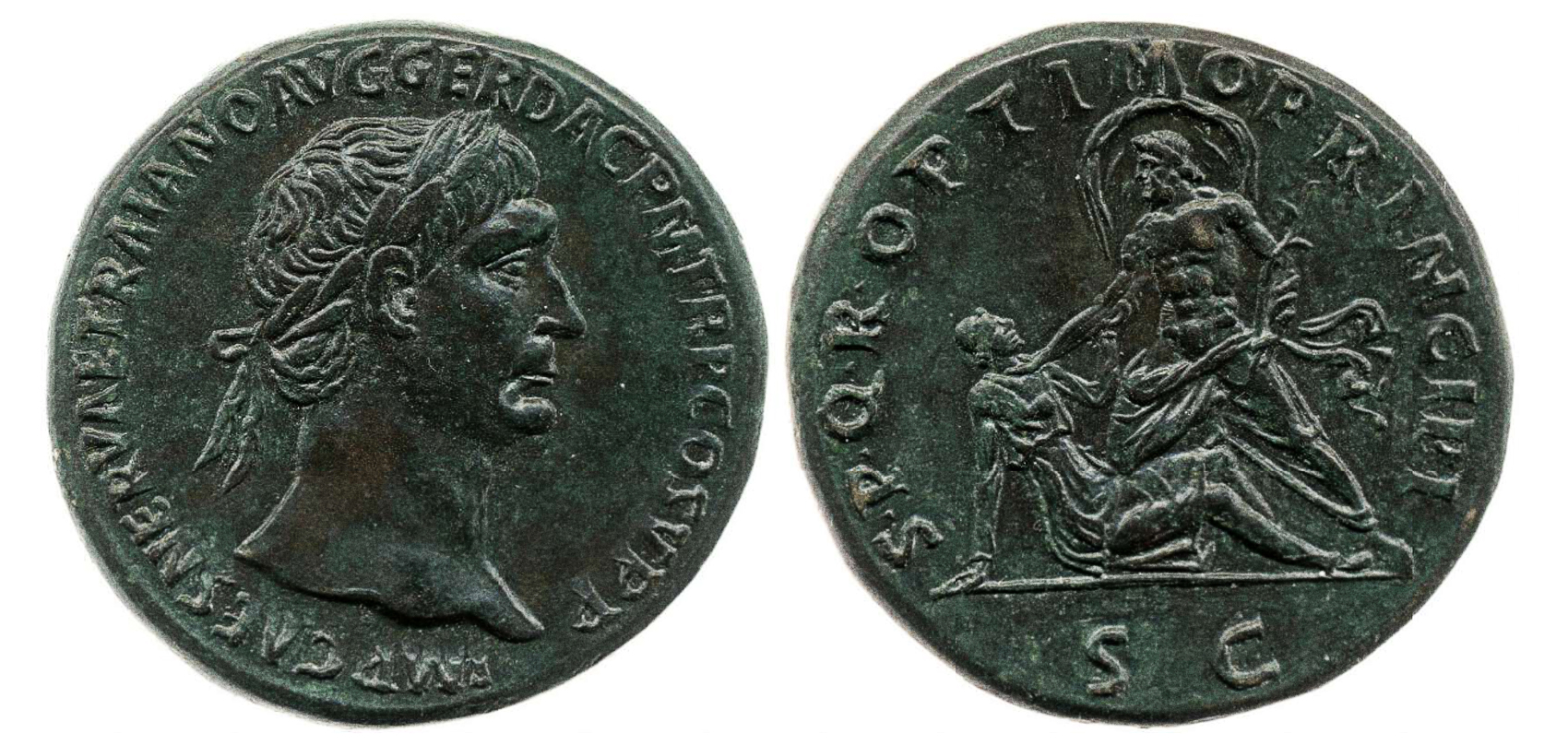 Römisches Münzenpaar aus der Zeit des Kaisers Trajan