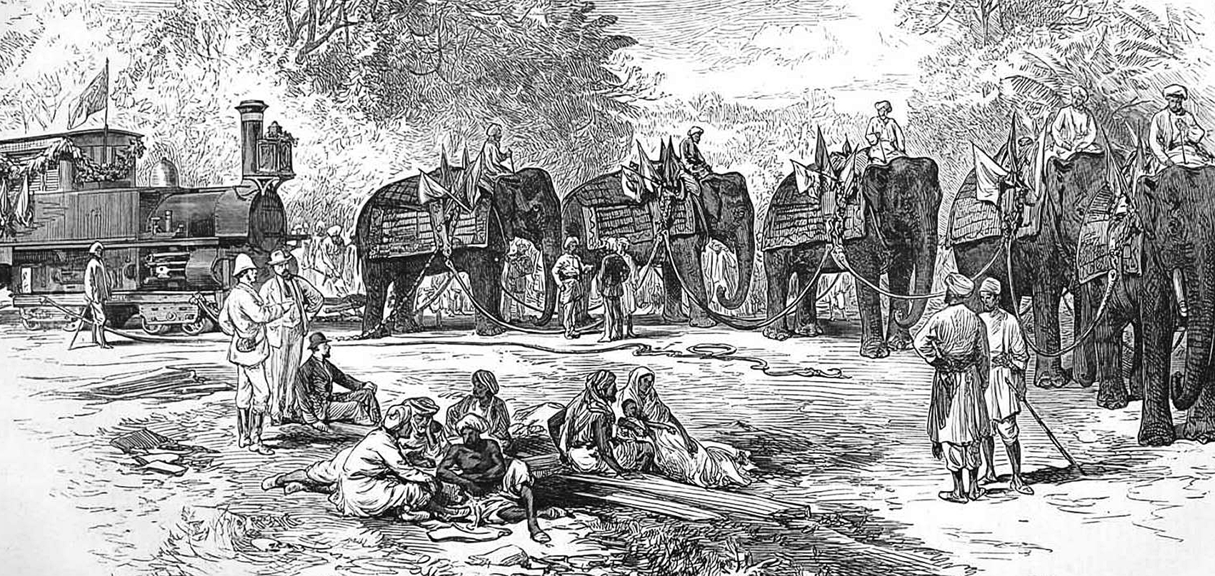 Abbildung aus der London Illustrated News mit dem Titel Die Ankunft der ersten Lokomotive in Indore, Zentralindien