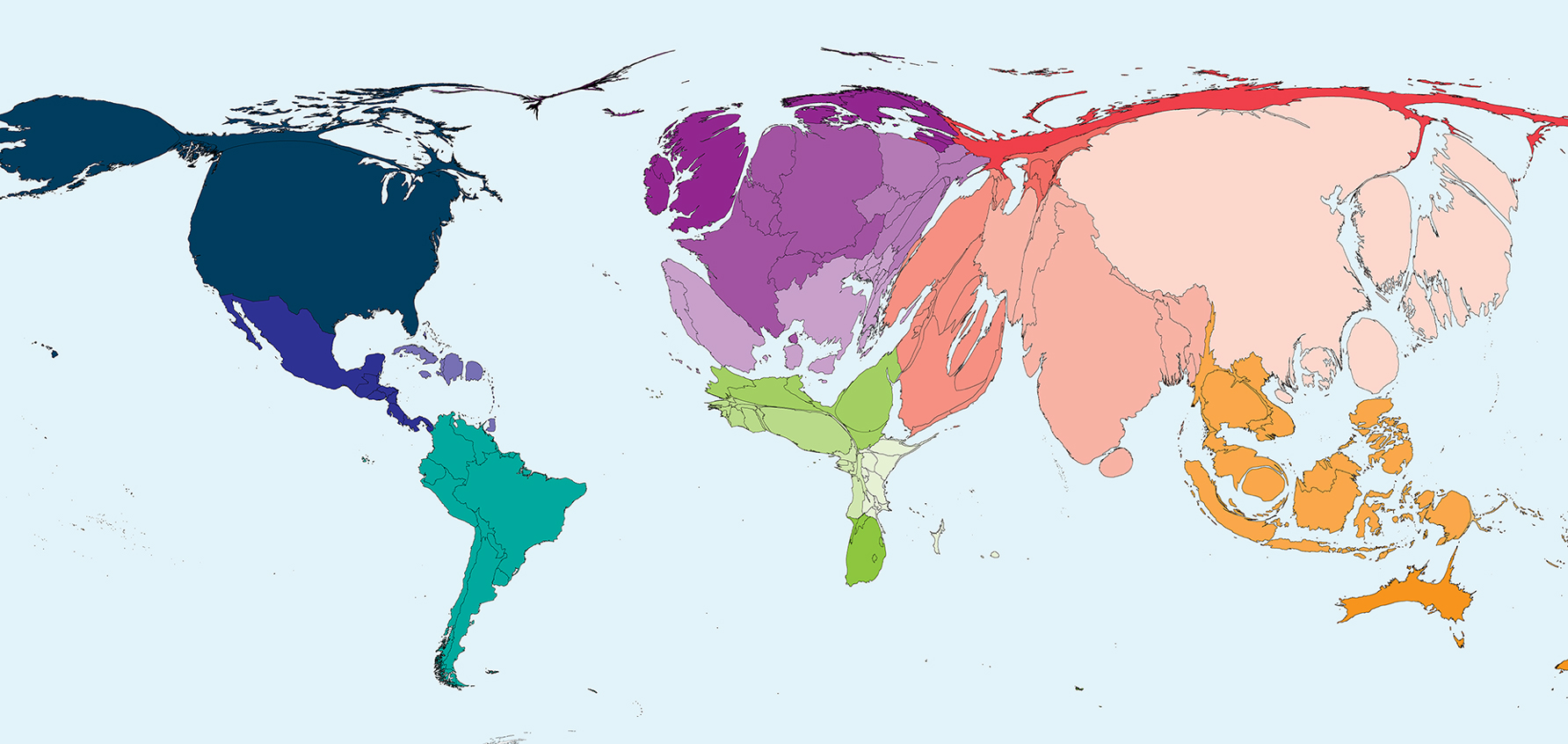 Weltkarte verzerrt proporational zur globalen Reichtumsverteilung 